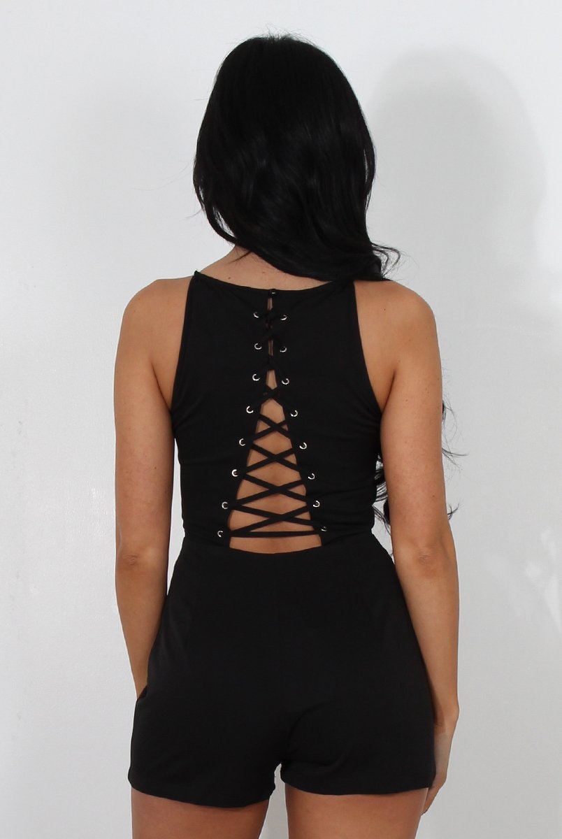 Zuly Black Tie Back Playsuit-Playsuits