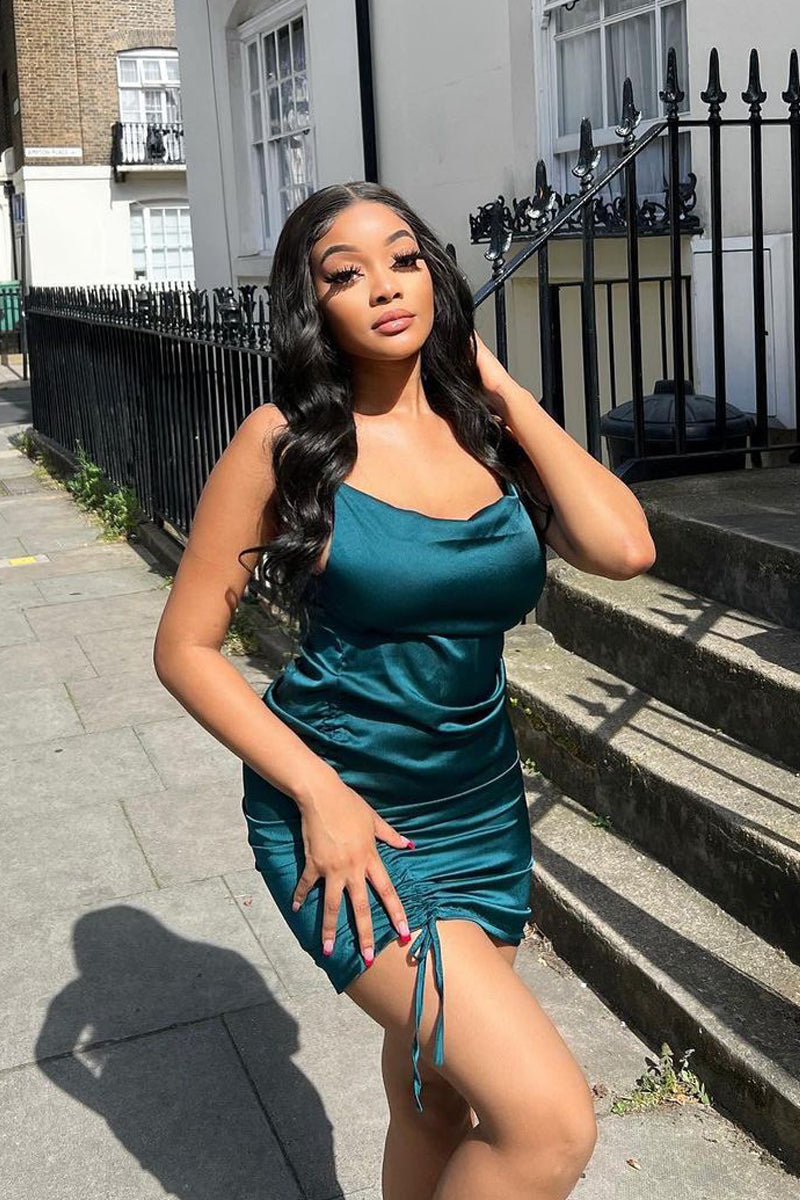 Emerald Cowl Neck Side Ruched Mini Dress - Adele Emerald Cowl Neck Side Ruched Mini Dress - Adele