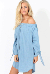 Light Denim Buttoned Bardot Dress - Adeline