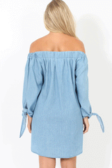 Light Denim Buttoned Bardot Dress - Adeline