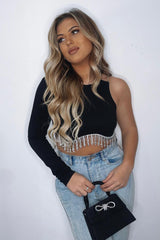 Black Rib Knit Diamante Detail One Sleeve Cropped Top - Aina