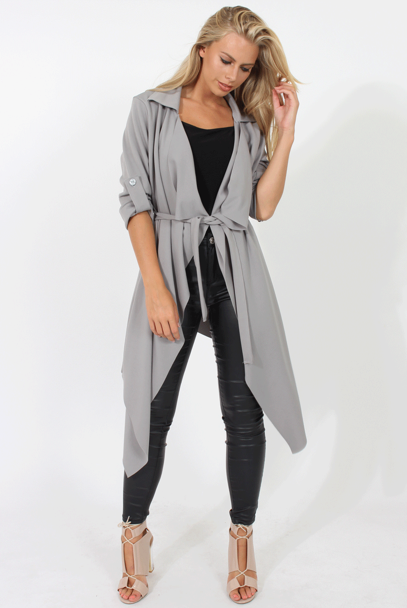 Grey Belted Waterfall Duster Jacket - Aisla