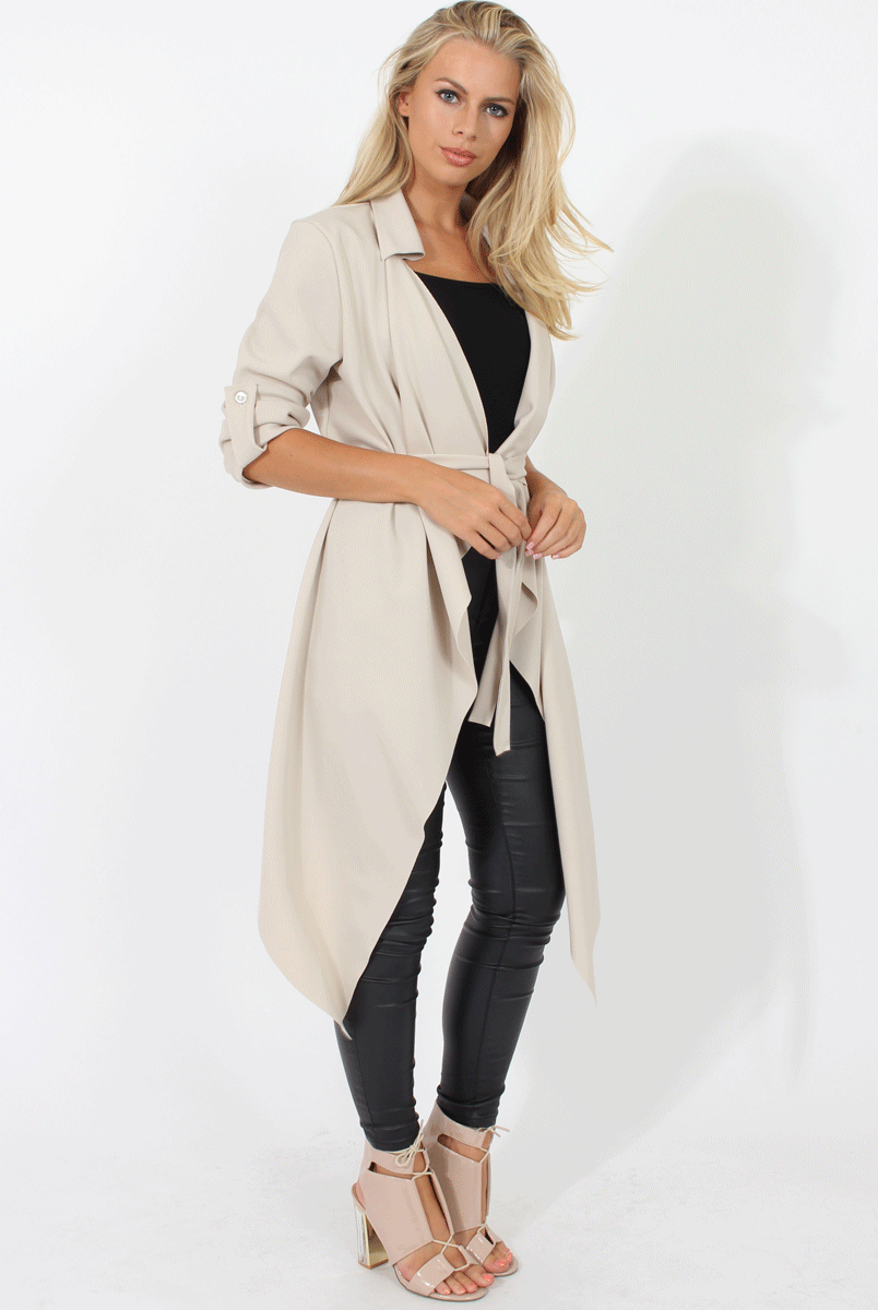 Ivory Belted Waterfall Duster Jacket - Aisla
