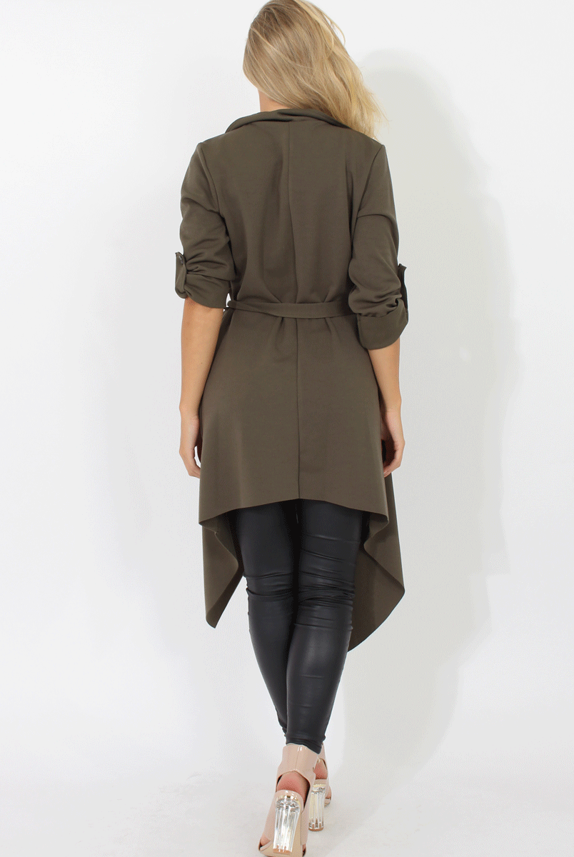 Khaki Belted Waterfall Duster Jacket - Aisla