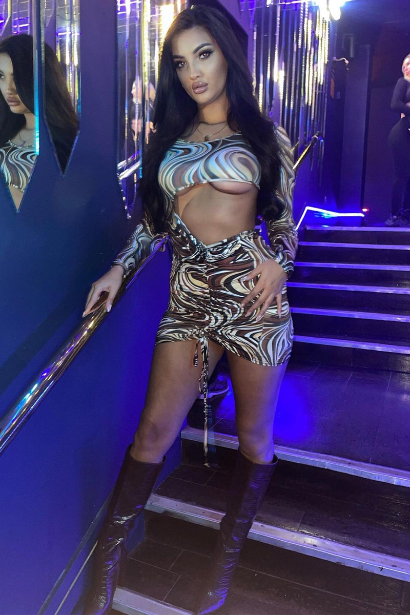 Brown Marble Print Side Ruched Cut Out Mini Dress - Aniisa