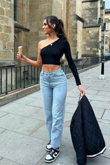 Black Cut Out Back One Shoulder Crop Top - Ashlyn