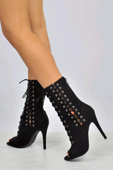Black Faux Suede Lace Up Heeled Boots - Astra