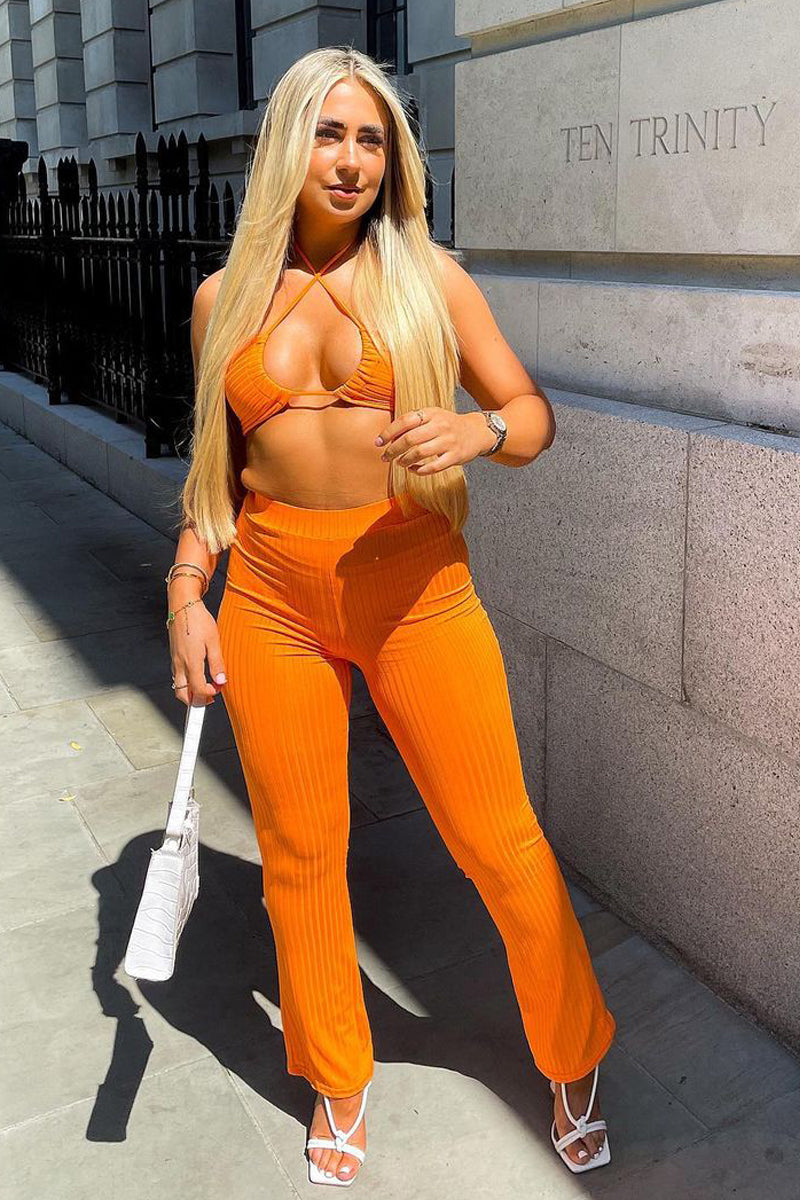 Orange Rib Halter Neck Crop Top & Trouser Set - Bridget