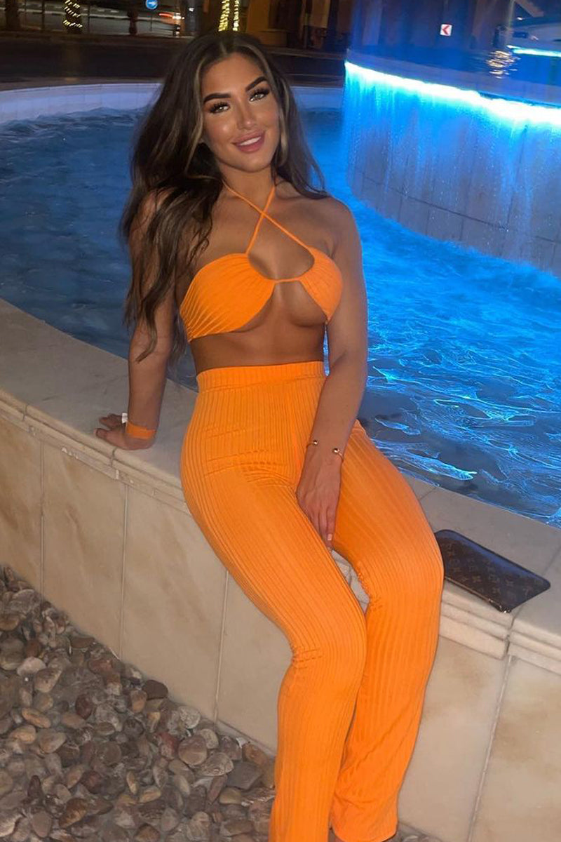 Orange Rib Halter Neck Crop Top & Trouser Set - Bridget