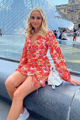 Red Floral Cut Out Front Side Ruched Mini Dress - Chica