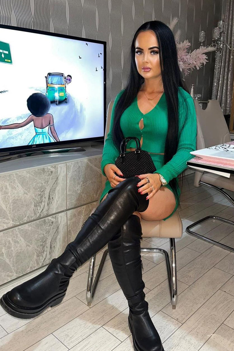 Green Knit Button Up Crop Top & Front Slit Mini Skirt Set - Corina