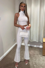 White High Neck Crop Top & Flare Pants Set - Dailyn