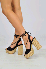 Black Faux Suede Lace Up Rope Detail Platform Heel - Dalyn