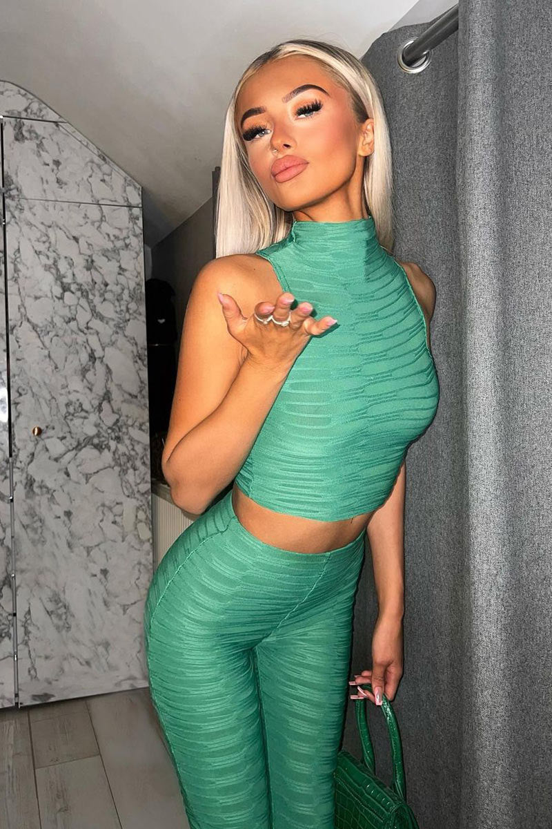 Green High Neck Crop Top & Flare Pants Set - Dailyn