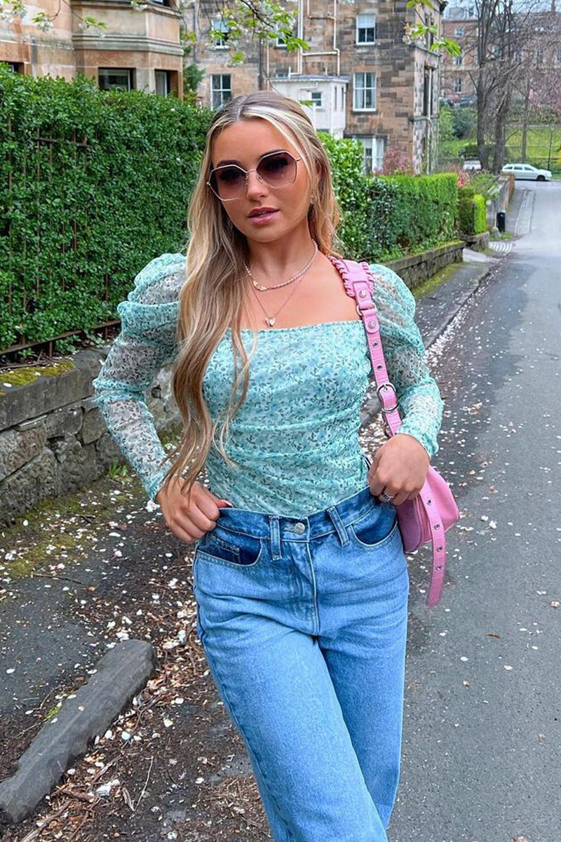 Sage Floral Puff Sleeve Bodysuit - Deana