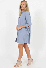 Dusky Blue Suede Tie Cuff Oversized Shirt Dress - Deborah
