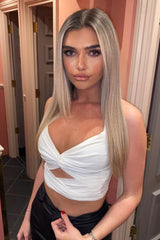 Cream Cross over Front Cut Out Slinky Crop Top - Estella