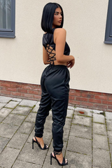 Black Satin Lace Up Back Crop Top - Esti
