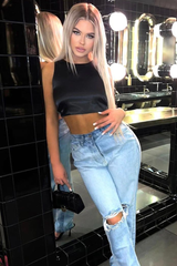 Black Satin Lace Up Back Crop Top - Esti