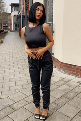 Black Satin Lace Up Back Crop Top - Esti