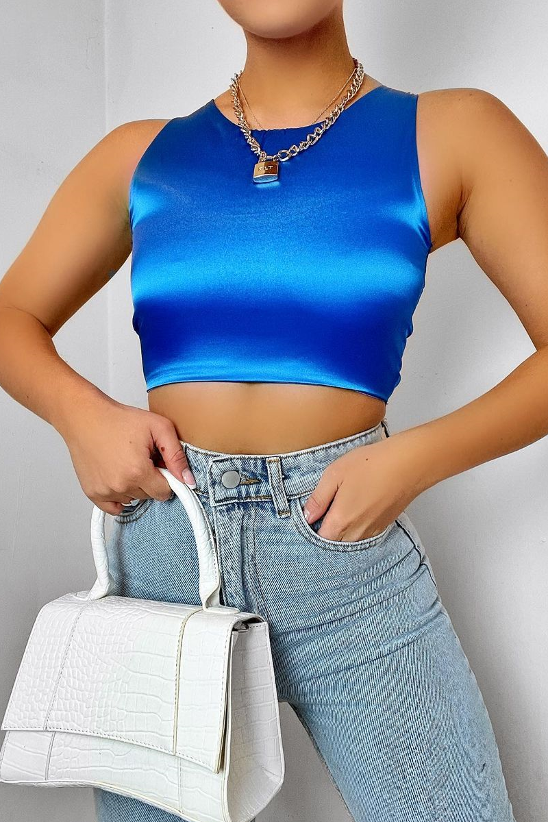 Cobalt Blue Satin Lace Up Back Crop Top - Esti