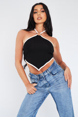 Black Halter Neck Tie Back Bandana Crop Top - Elaine