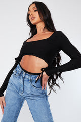 Black Scoop Neck Front Cut Out Jersey 2 Piece Top - Jasmine