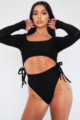 Black Scoop Neck Front Cut Out Jersey 2 Piece Top - Jasmine