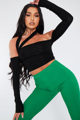 Black Asymmetric Strap Jersey Crop Top - Sylvia