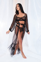 Black Mesh Belted Lingerie Robe Set - Dani