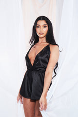 Black Plunge Satin Playsuit - Joss