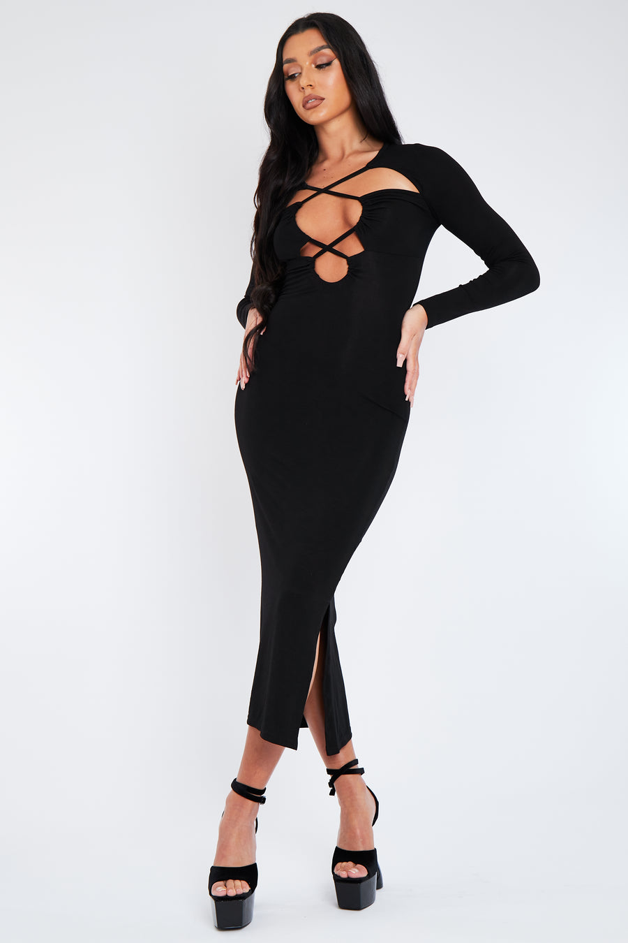 Black Cut Out Neck Side Slit Midi Dress | Dresses