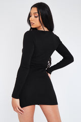 Black Rib Knot Front Mini Dress - Lorena