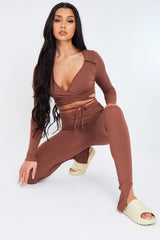 Chocolate Rib Wrap Over Crop Top & Legging Set - Trista
