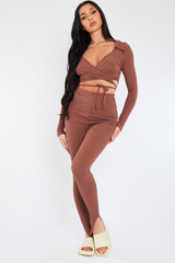 Chocolate Rib Wrap Over Crop Top & Legging Set - Trista