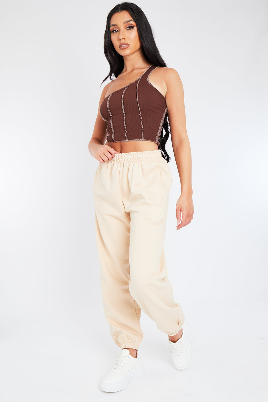Brown Rib One Sleeve Crop Top - Zaniah