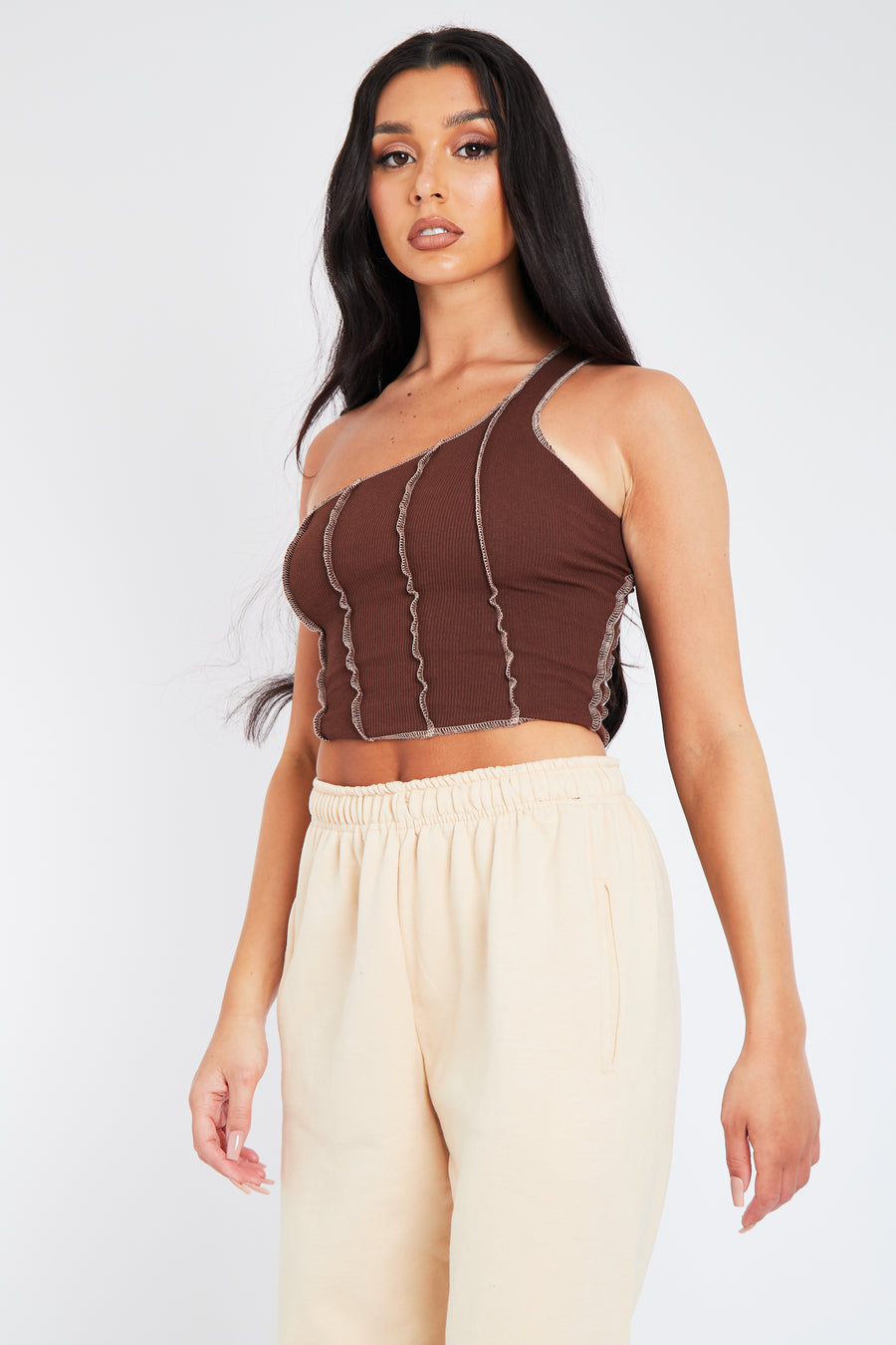 Brown Rib One Sleeve Crop Top - Zaniah