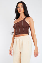 Brown Rib One Sleeve Crop Top - Zaniah