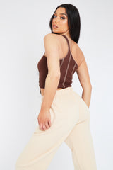Brown Rib One Sleeve Crop Top - Zaniah