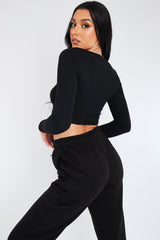 Black Rib Front Overlap Cut Out Crop Top - Chelsea