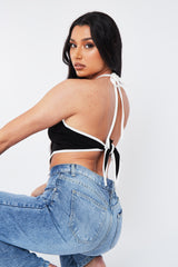 Black Halter Neck Tie Back Bandana Crop Top - Elaine