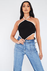 Black Halter Neck Tie Back Bandana Crop Top - Elaine