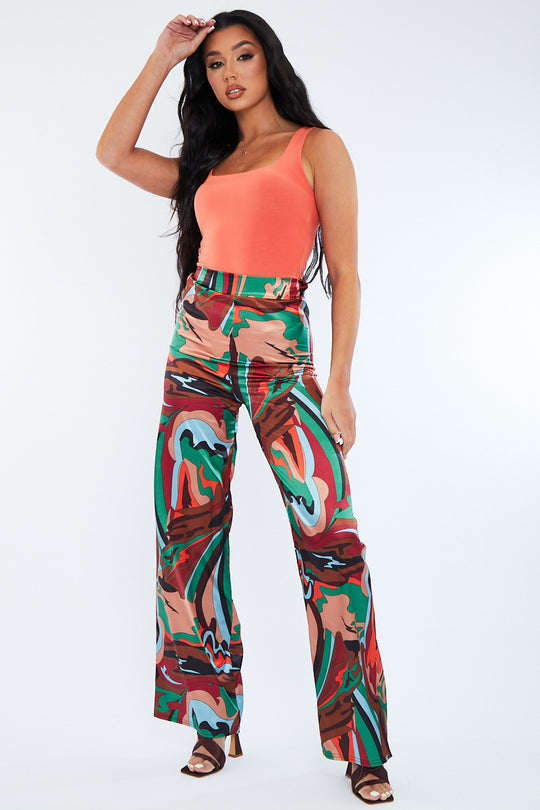Multi Abstract Print Satin Wide Leg Trouser - Maise