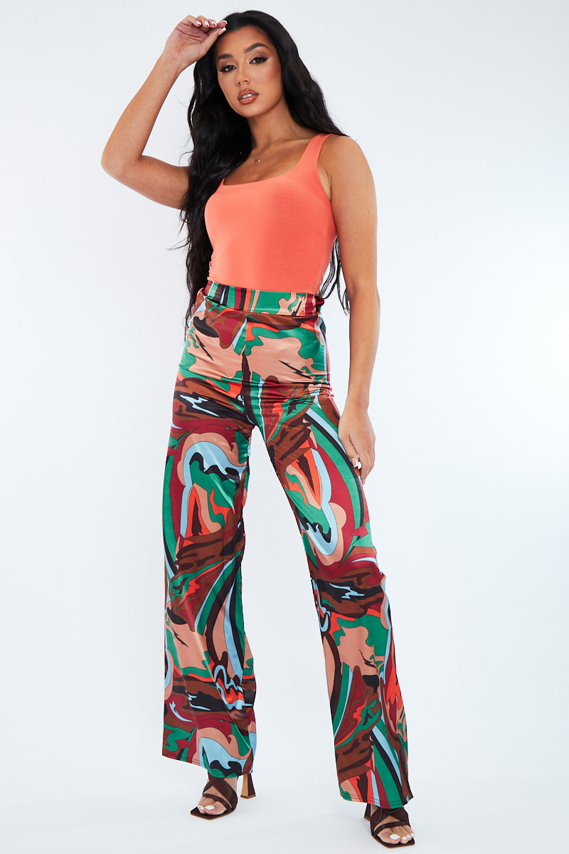 Multi Abstract Print Satin Wide Leg Trouser - Maise