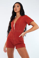 Rust Denim Utility Zip Up Playsuit - Addo