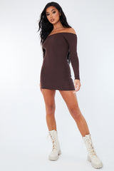 Chocolate Bardot Jersey Mini Dress - Alayna