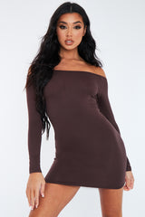 Chocolate Bardot Jersey Mini Dress - Alayna