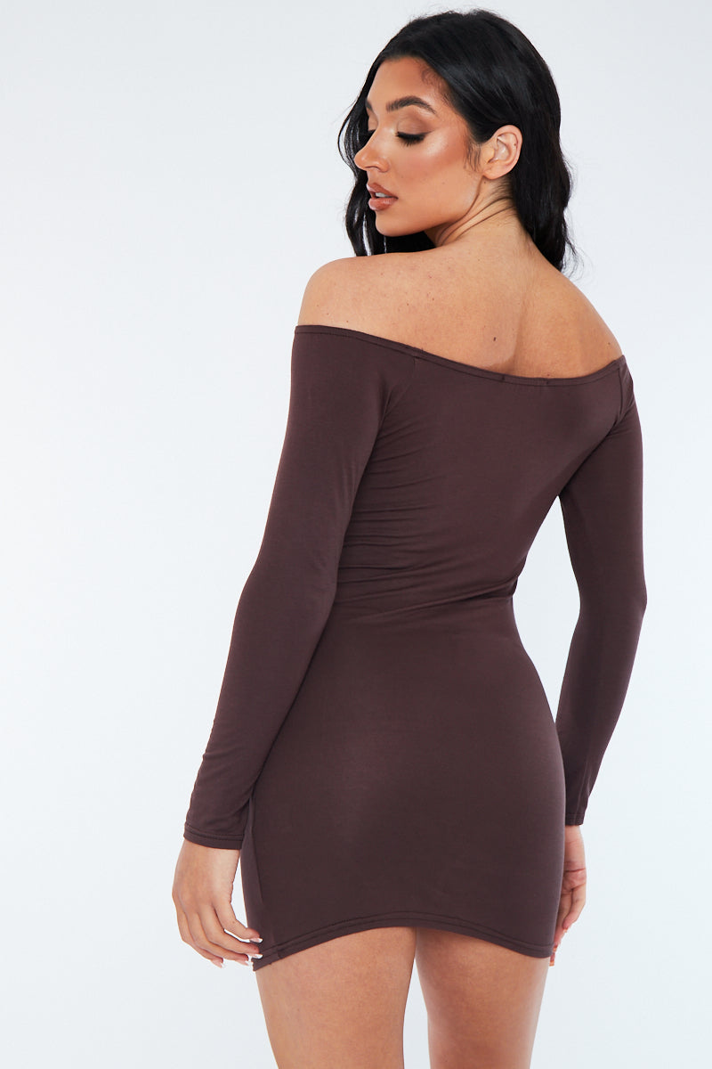 Chocolate Bardot Jersey Mini Dress - Alayna
