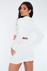 White Rib Button Up Crop Top & Mini Skirt Set - Neha