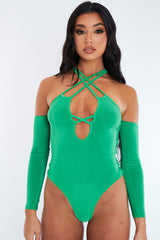 Green Slinky Strappy Crossover Cut Out Shoulders Bodysuit - Jorja